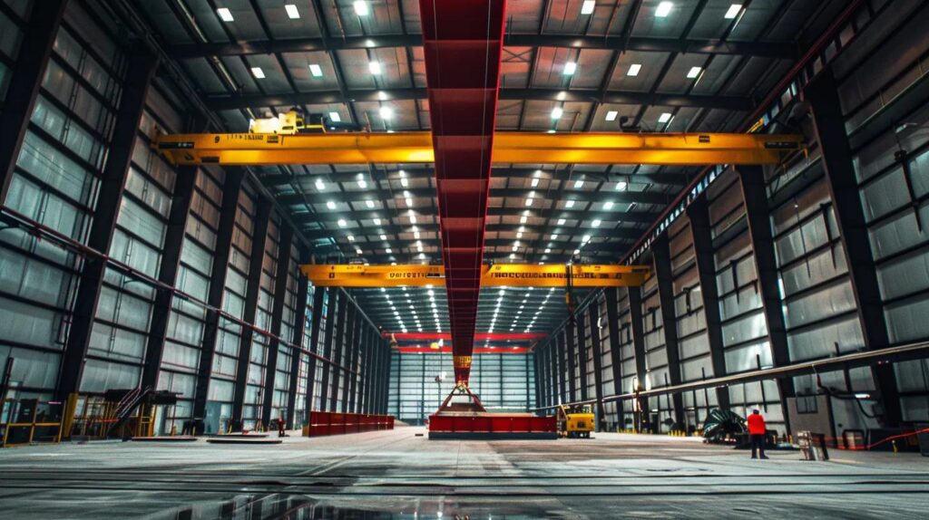 A professional, crisp photograph inside a large, newly completed commercial warehouse in OKC. Focus on a massive, red structural steel I-beam being lifted into place by a crane (out of frame). The scene should emphasize the scale and strength of the structural steel and red iron, with bright, natural lighting.