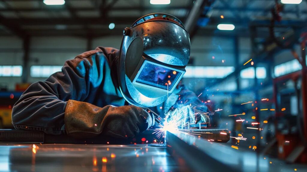 A close-up, dynamic photograph of a certified welder wearing a full helmet, performing precision TIG welding on a custom stainless steel handrail component inside a clean, modern metal fabrication shop. Sparks are minimal, emphasizing the focused blue arc of the weld and the intricate detail of the custom metal fabrication work.