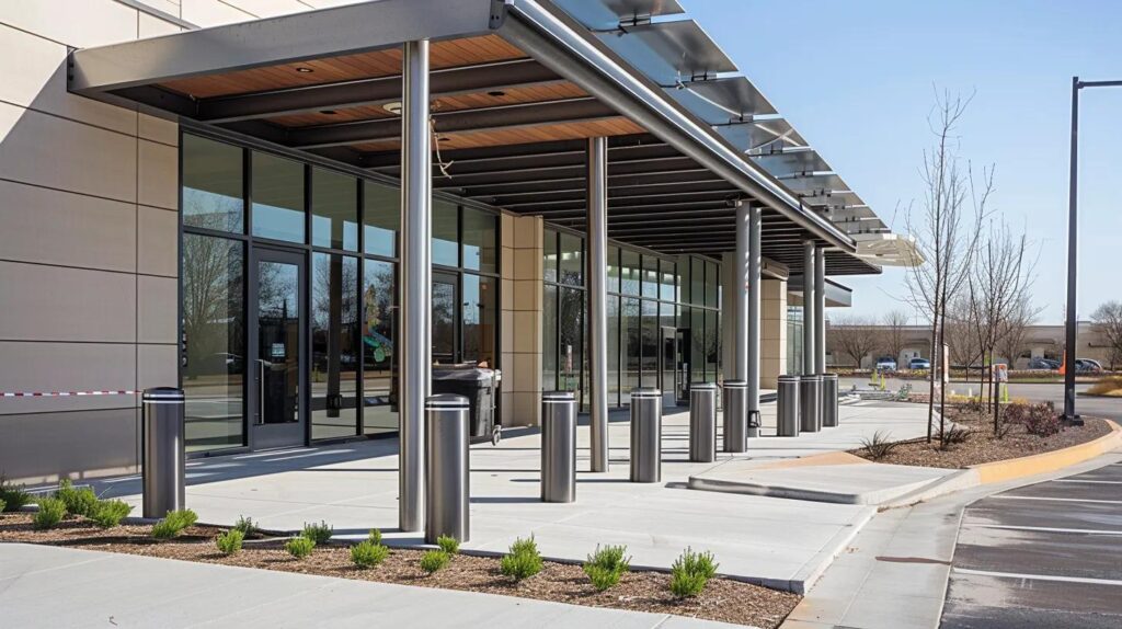 A photograph showing a newly landscaped commercial property entrance in Oklahoma City. In the foreground, several sleek, high-visibility bollards in construction are perfectly aligned, protecting the storefront. Above, a stylish, modern metal canopy provides shelter over the entranceway, demonstrating the blend of security and aesthetic appeal.