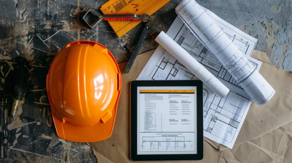 A professional, overhead flat lay photograph showing a hard hat, a contractor’s clipboard with a safety checklist and license documentation, a set of architectural blueprints rolled open, and a tablet displaying the Metal Contractors website.