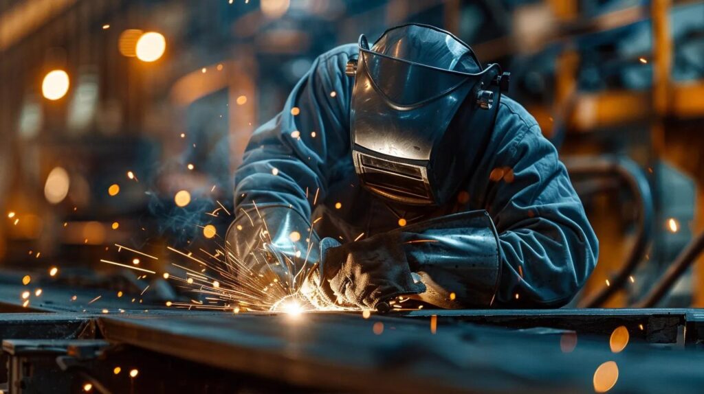 An image of a certified welder in Oklahoma City, wearing a helmet and safety gear, performing a precise, low-light welding task on a structural steel component in a fabrication shop. Sparks are flying slightly, highlighting the process of custom metal fabrication.