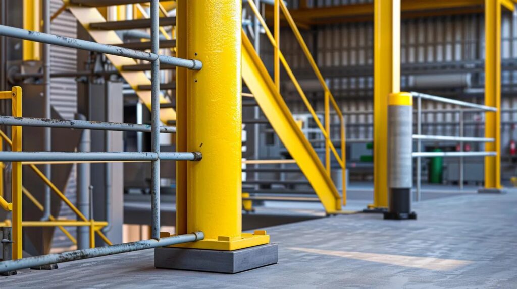 A focused image showing a structural steel support column for a mezzanine. In the immediate foreground, a bright yellow, heavy-duty steel bollard is securely installed into the concrete floor, protecting the column from impact. Include the base of a secure steel staircase with hand railings next to the column, emphasizing layered safety measures.