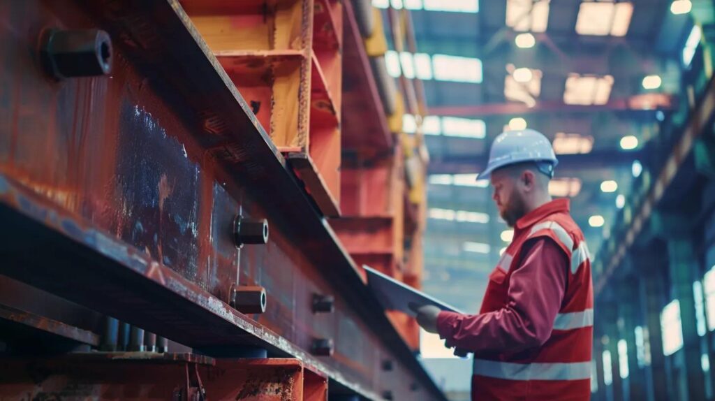 A close-up, high-detail shot of structural steel elements—specifically a wide-flange column (red iron) meeting a primary beam on a mezzanine structure. Focus on the secure, bolted, and engineered connection plate, illustrating precision fabrication. Include a background view of a blue-collar engineer reviewing a blueprint on an iPad near the structure.