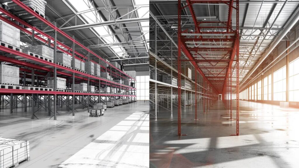 A schematic or split-view image showing a large warehouse space. One side of the image shows a single-level, crowded floor. The other side shows the same building with a new structural steel mezzanine installed, where the vertical space is utilized for organized storage and a clean office. Use the color red iron for the structural elements