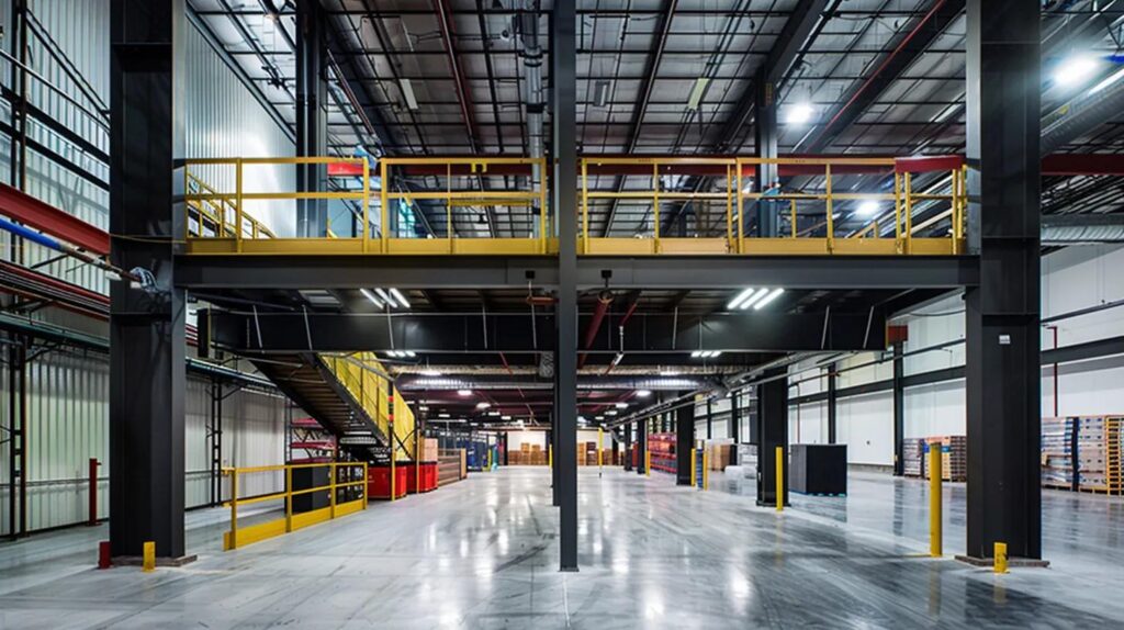 A panoramic, wide-angle shot of a vast, modern industrial warehouse interior in Oklahoma City. The foreground features a newly constructed, two-level steel mezzanine floor. The structural steel (painted safety yellow or red) is clearly visible. On the top deck, a clean, well-lit office space is visible with a glass partition, contrasting with the machinery and inventory below. The lighting is bright and crisp, emphasizing the contrast between the dark concrete floor and the new structure. A certified steel contractor in a hard hat is shown inspecting the new railing on the mezzanine.
