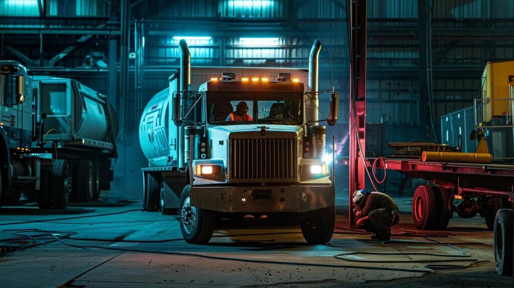 A branded, heavy-duty service truck  parked on-site at a commercial facility. A certified welder in OKC (wearing full gear) is performing on-site repair welding on a damaged steel column or loading dock frame in a dimly lit industrial area. Emphasize speed, preparedness, and on-site capability.