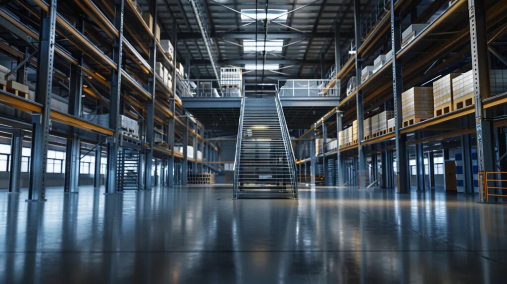A large, high-ceiling commercial warehouse interior. A newly installed mezzanine floor (heavy duty steel structure) is visible, extending over storage racks below. The image should show the staircase leading up and imply the massive increase in usable space. The focus is on clean lines and industrial utility.