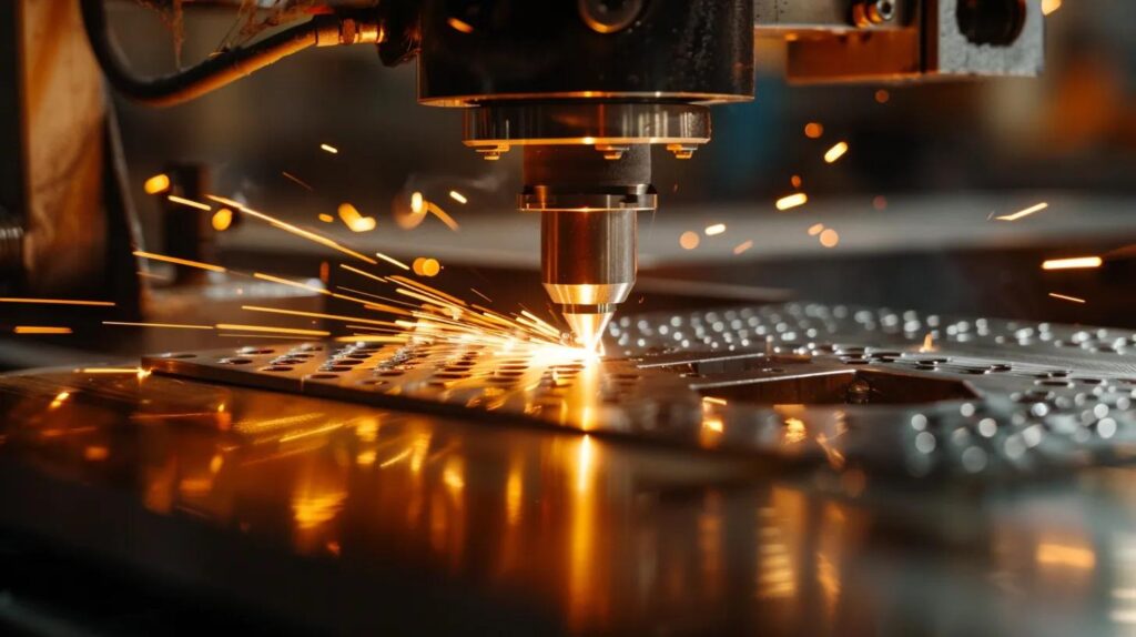 An extreme close-up shot inside a modern, well-lit metal fabrication shop. A skilled worker is operating a CNC press brake or laser cutter on a sheet of metal, creating a component for a custom awning or bollard. Focus on sparks/light and the precision of the machinery.
