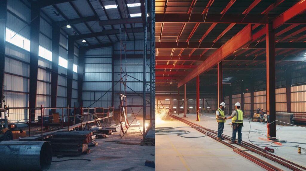 A side-by-side comparison (split screen). Left side: A blurry, low-quality image of a partially constructed metal kit building with disorganized materials. Right side: A sharp, professional image of a certified structural steel contractor crew (wearing Metal Contractors safety vests) precisely welding a large red iron I-beam on a secure foundation