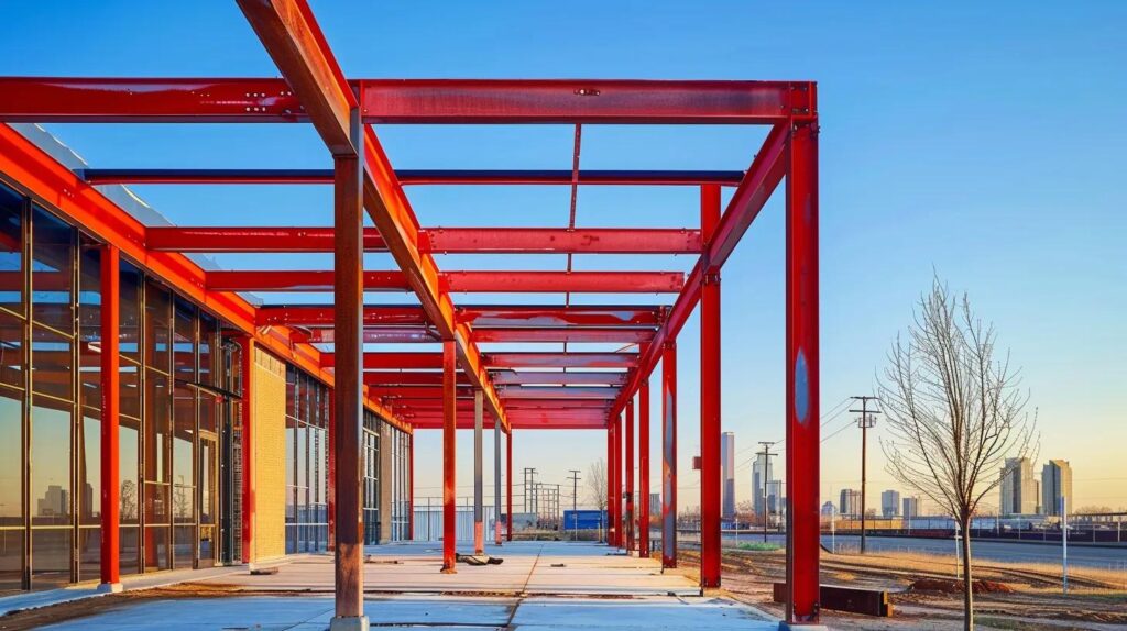 A dynamic, wide-angle shot of a construction site in the Oklahoma City metro area (visible skyline in the distance). The foreground features a large, modern commercial facility with newly installed red iron structural steel beams. A clean, custom metal awning is visible over the main entrance. The lighting is early morning or late afternoon, emphasizing the sharp lines of the metalwork.