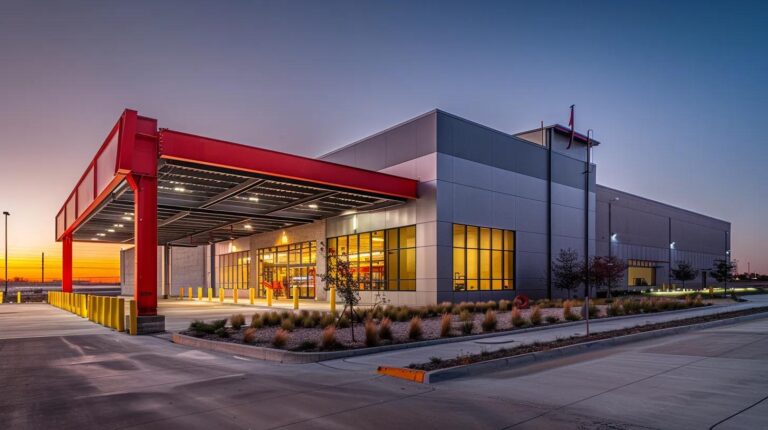 A dynamic, high-angle composite image capturing a modern, clean commercial/industrial park in Oklahoma City at sunset. The image should feature a bright red steel I-beam being lifted by a crane (representing structural steel), a neatly installed grey metal canopy over an entrance, a line of yellow protective steel bollards protecting a corner, and a clear view of an indoor mezzanine floor through a large window. Use a filter that emphasizes the steel and metalwork. Focus on professionalism, safety, and a wide-ranging set of services.
