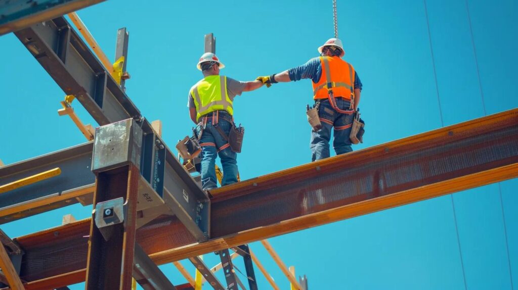 A construction site photo of two certified structural steel workers in high-visibility gear, standing on a partially erected commercial building framework in Oklahoma City. They are pointing towards a cleanly welded connection point on a massive steel I-beam. Focus on scale, precision, and safety. Clear blue sky backdrop.