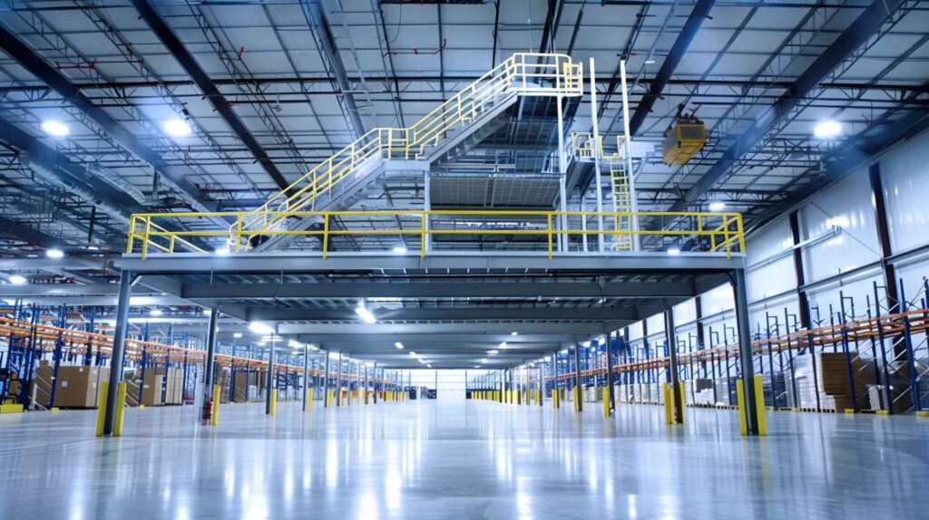 A brightly lit, wide-angle interior shot of a clean, operational warehouse. The focus is on a newly installed, multi-level metal mezzanine floor system that seamlessly integrates with the existing structure. The lower level is used for production/storage, and the upper level for office space, clearly highlighting vertical space maximization.