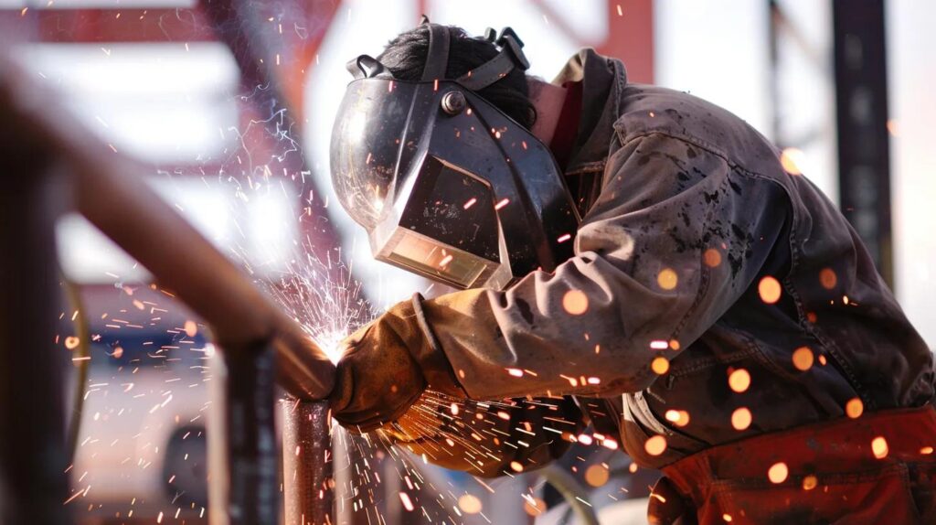 A close-up, action shot of a certified mobile welder, wearing a helmet, performing on-site welding for a handrail repair on a commercial property loading dock. Sparks are flying slightly, and the welding equipment (a small service truck with a visible logo in the background) is present. The scene should convey expertise and immediate, on-location service.