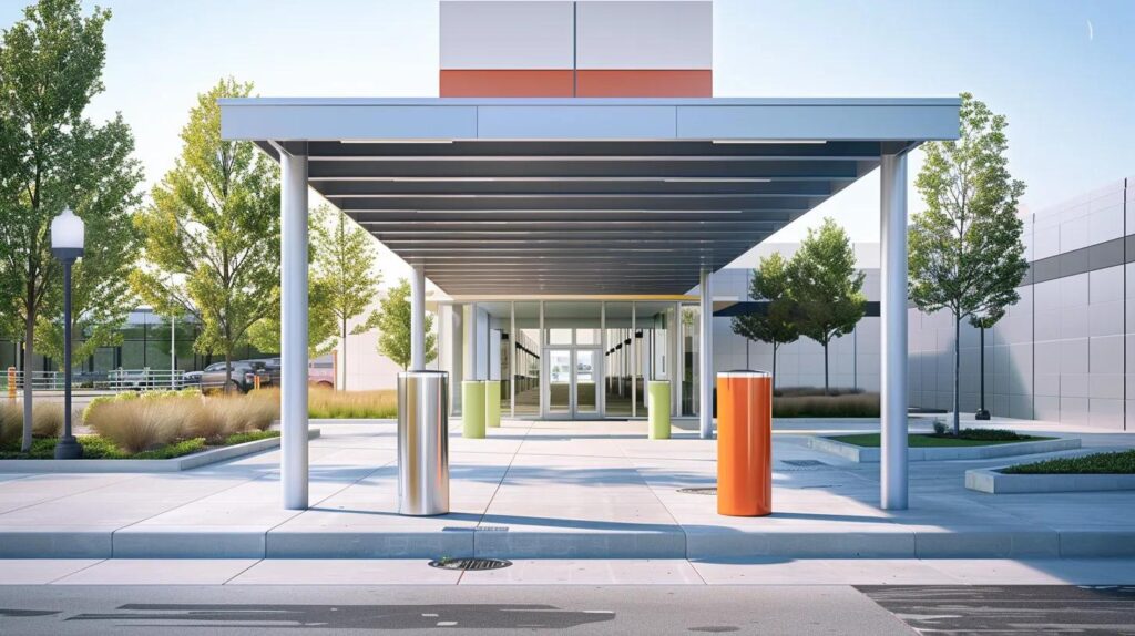 A professional image of the exterior of a modern, light-colored commercial entrance. The foreground features two brightly colored, protective steel bollards embedded in the concrete. Above the entrance, a sleek, wide metal canopy provides shade. The image blends security (bollards) and style/function (canopy/awning).