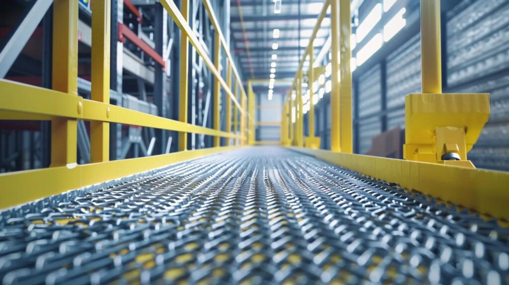 A detailed view showcasing three types of mezzanine flooring side-by-side: smooth ResinDek, open steel bar grating, and textured diamond plate (solid steel decking). In the foreground, a yellow industrial safety guardrail with a swing gate is securely bolted to the decking. Style: Informational, focused on material texture and safety.