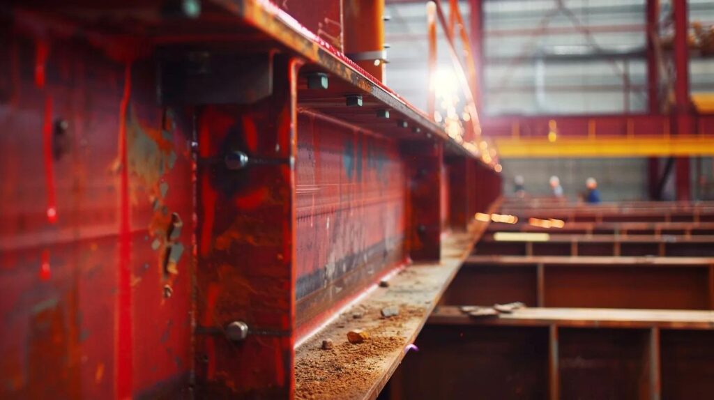 A dynamic, low-angle photograph capturing the erection phase of the mezzanine. Focus on large, red structural steel beams being bolted to columns. A certified welder, obscured slightly by the arc flash from a nearby, safe welding operation (mobile fabrication), is visible in the background, reinforcing the importance of expert metal construction company work. Style: Industrial, action-oriented, slightly dramatic lighting, emphasizing strength and steel.