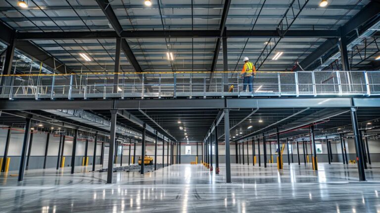An expansive, clean, high-ceiling modern commercial warehouse interior in Oklahoma City. A large, newly installed steel mezzanine floor dominates the center, featuring a combination of solid decking (with a smooth, grey finish) and industrial bar grating. Below the mezzanine, a few forklift aisles are clearly visible. A single, clean-shaven construction worker wearing high-visibility safety gear (vest and hard hat) is standing on the mezzanine, reviewing a set of blueprints, suggesting planning and professional execution. Use a wide-angle shot to emphasize the scale and the maximization of vertical space. Style: Architectural, professional, high-dynamic range, modern industrial look