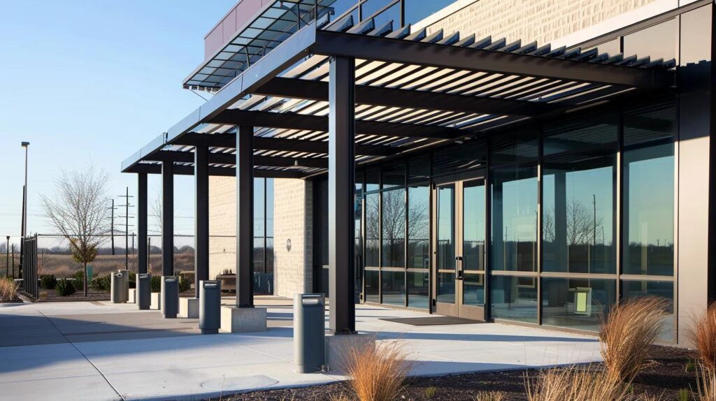 A professional architectural shot of a sleek, modern metal canopy installed over a commercial entrance in Oklahoma City. The design is minimalist and integrates bollards in the foreground for safety. Bright, clear daylight.
