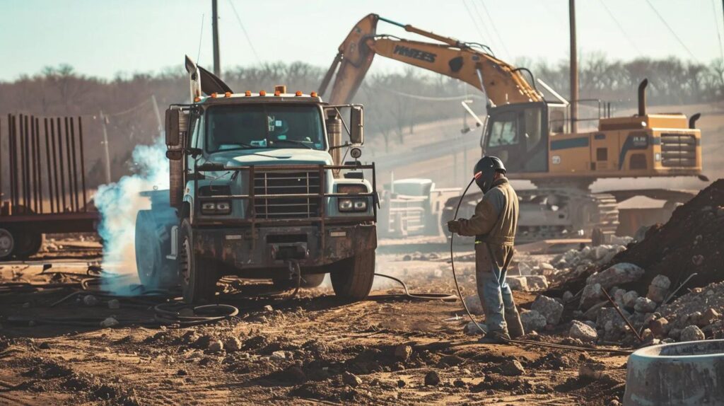 A realistic photo of a branded Metal Contractors mobile welding truck parked on a construction site. The technician is seen pulling a welding lead toward a large piece of heavy machinery. Authentic Oklahoma landscape.