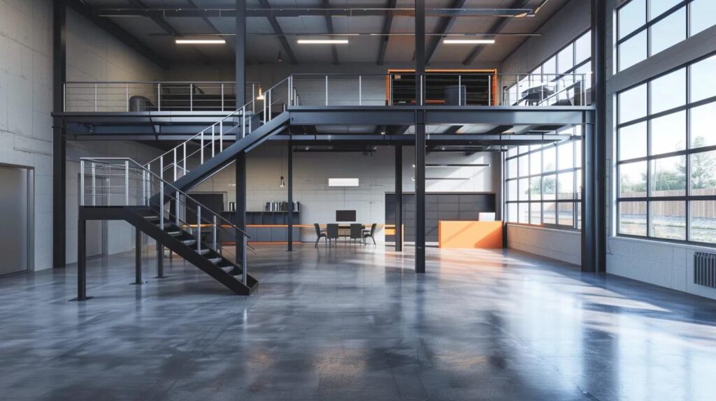An interior view of a modern, clean industrial warehouse featuring a newly installed black steel mezzanine floor. The image shows a staircase with sleek handrails and an office space set up on the upper level, demonstrating space optimization.