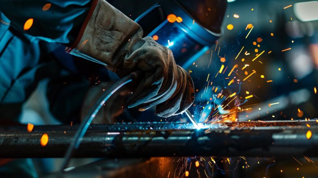 A close-up, high-detail shot of a professional welder's hands performing a clean MIG weld on a thick steel joint. Bright orange sparks are flying, and the blue arc light is reflected in the welder's helmet. Industrial workshop setting.