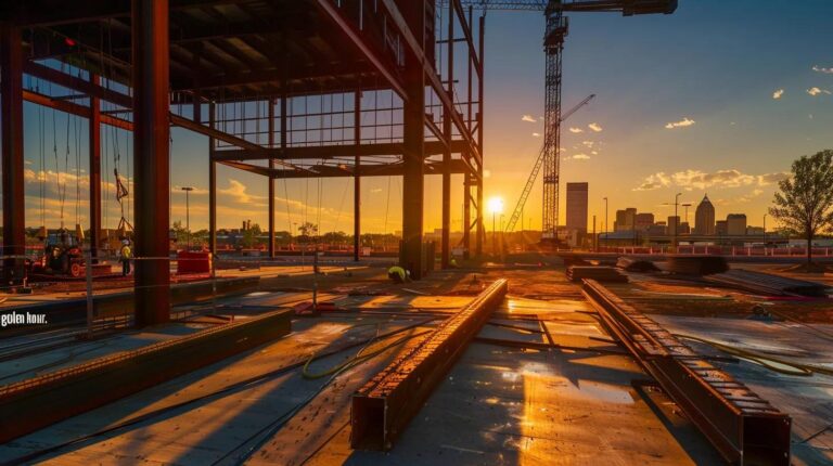 wide-angle, realistic photo of a large-scale steel building frame under construction in Oklahoma City during the "golden hour." In the background, the OKC skyline is visible. The foreground shows professional welders in safety gear working on a massive structural steel beam. High resolution, cinematic lighting, 8k.