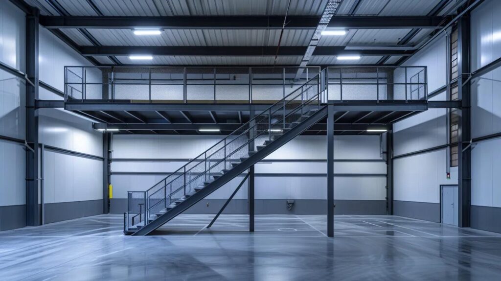A sleek, industrial-style mezzanine floor inside a clean, modern warehouse. Steel stairs with safety railings leading to an upper office level. High ceilings and bright LED lighting. Professional interior photography
