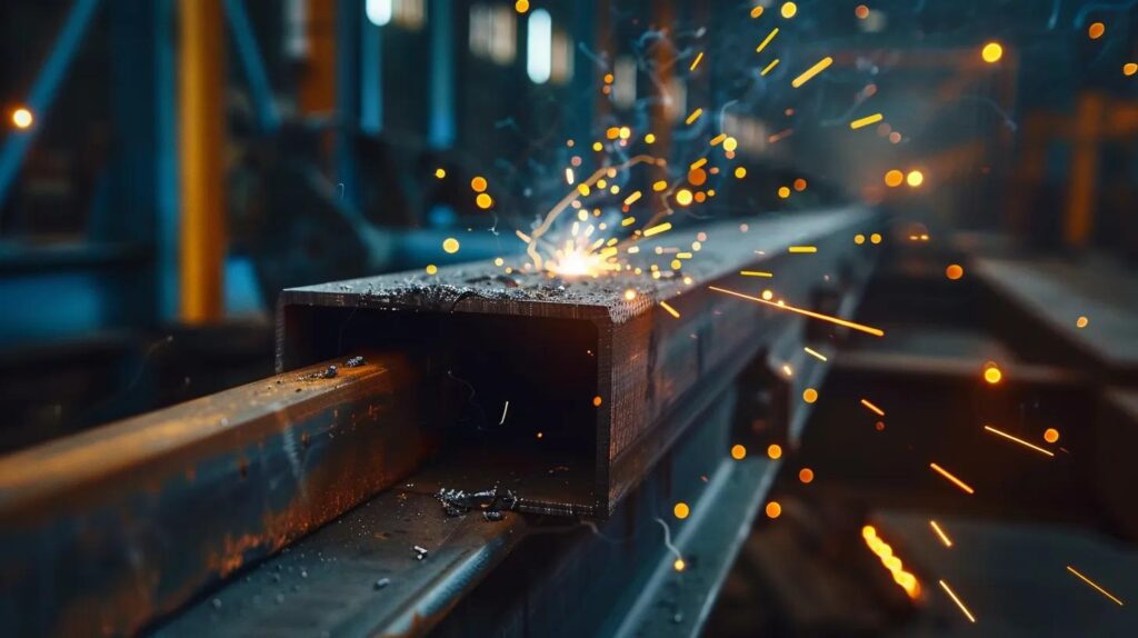 A close-up shot of a high-quality weld on a thick structural steel beam. Sparks flying in a controlled workshop environment. Focus on the texture of the metal and the precision of the weld. Industrial aesthetic.