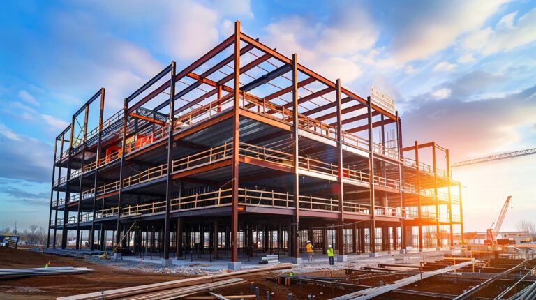 High-resolution wide shot of a modern commercial structural steel building under construction in Oklahoma City. Blue sky with light clouds, bright sunlight reflecting off the red iron beams. Workers in safety vests and hard hats are visible in the distance. Cinematic lighting, 8k, professional architectural photography
