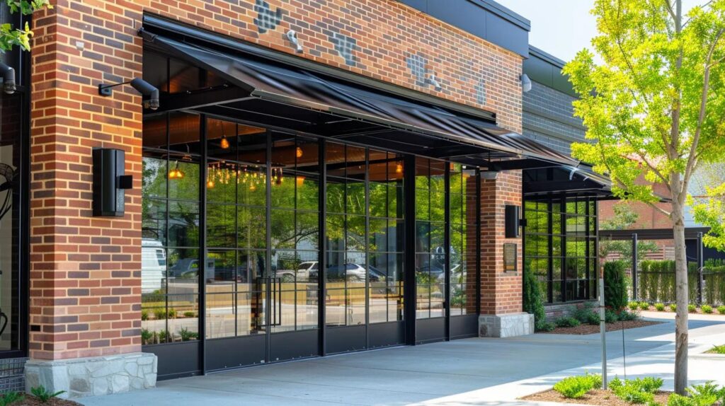 The exterior of a trendy Oklahoma City restaurant featuring a custom black metal architectural awning.The building has a modern brick and glass facade. Daytime, vibrant colors
