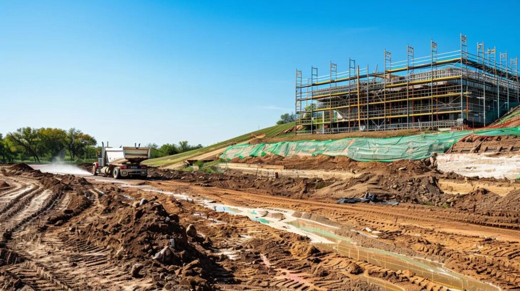 A large commercial construction site in Oklahoma City featuring heavy metal scaffolding and a wide-scale hydroseeding truck spraying green mulch over a large embankment. Industrial and efficient atmosphere