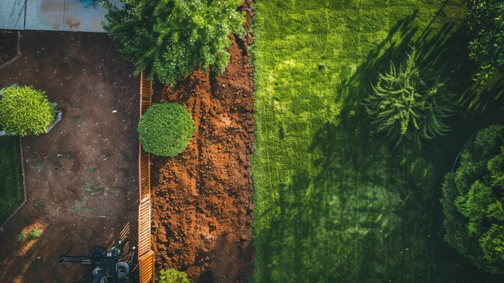 A vibrant, bird's-eye view of a residential backyard in Oklahoma City being treated with a mechanical grass seeder. Half of the yard shows fresh topsoil and the other half shows emerging bright green grass sprouts. High contrast, daytime lighting.
