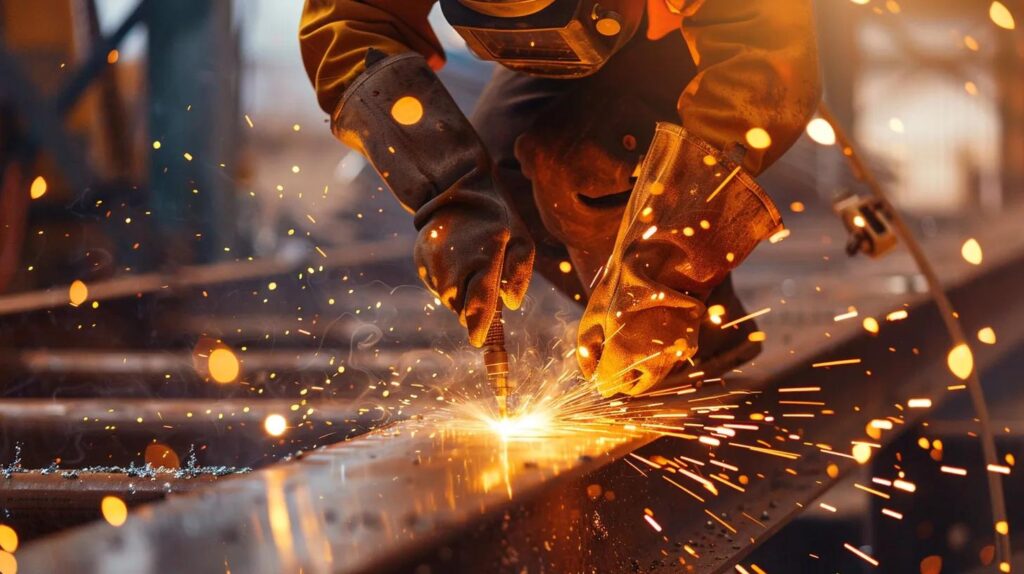 Close-up photo of a professional welder in safety gear working on a heavy-duty steel beam in an industrial setting. Bright orange sparks flying, focused lighting, detailed metal texture, professional photography.