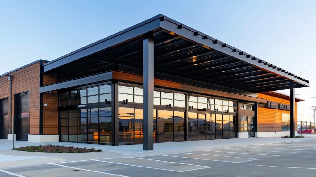 Modern commercial building exterior featuring sleek, black metal awnings and a large steel canopy over the entrance. Professional lighting, daytime, showcasing the aesthetic improvement of the storefront.