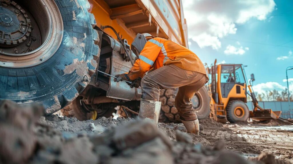 A branded Metal Contractors mobile welding truck parked on a construction site. A technician is using a portable welding unit to repair a heavy excavator bucket. Realistic, bright daylight, action shot.