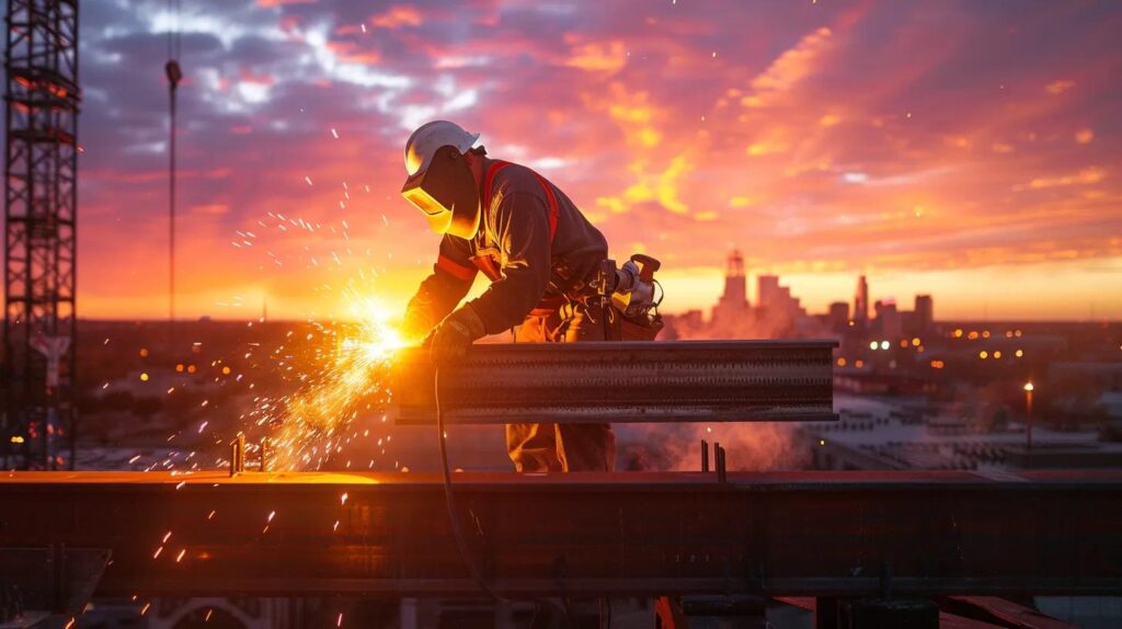 A wide-angle, cinematic shot of an Oklahoma City industrial warehouse construction site at sunset. In the foreground, a professional welder in safety gear is working on a massive structural steel beam, with sparks flying. In the background, the downtown OKC skyline is visible. High resolution, realistic, industrial photography style.