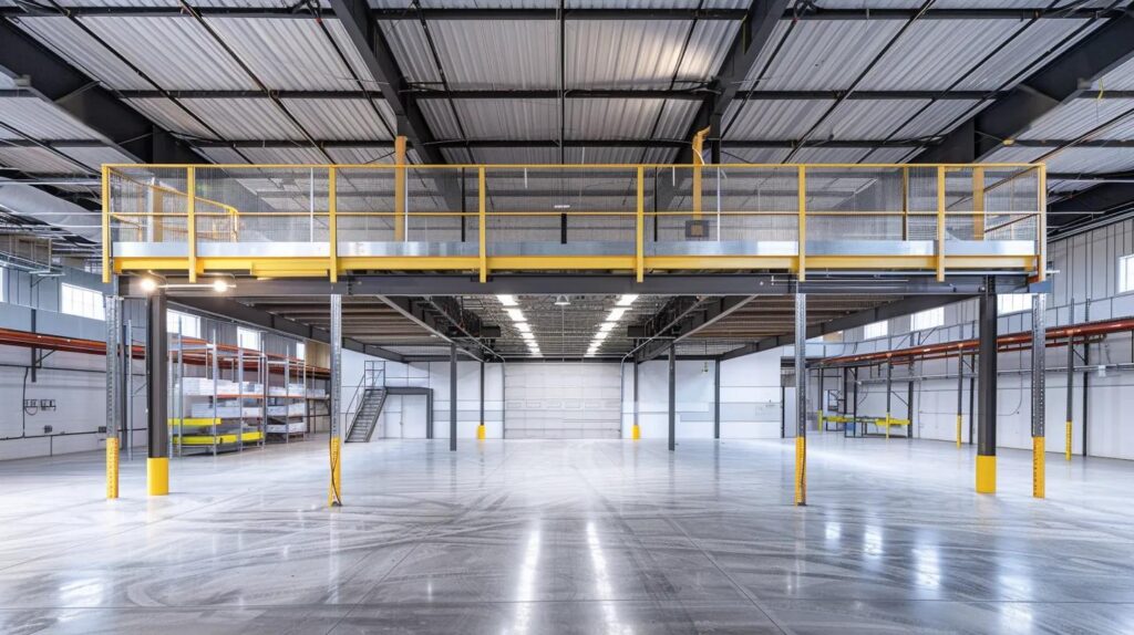 Interior view of a modern industrial warehouse showing a newly installed custom steel mezzanine floor with office space on top. Clean lines, safety yellow railings, and organized storage below. Professional architectural photography.