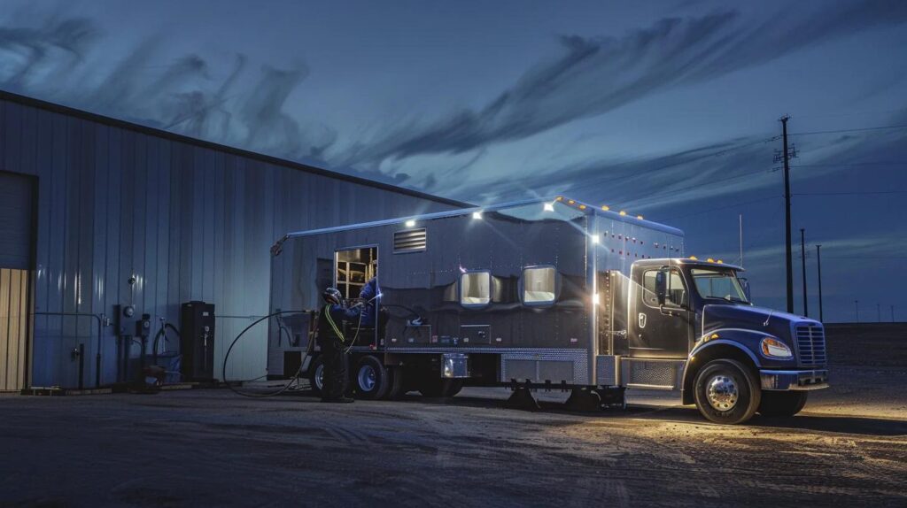 A professional mobile welding truck parked outside a large metal commercial building. A technician is using a portable welder to repair a structural seam on the side of the building. Realistic Oklahoma landscape in the background.