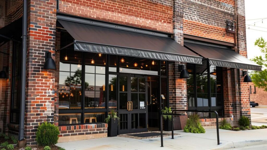A beautiful commercial storefront in Oklahoma City featuring a modern, custom black metal awning and sleek industrial railings. Sunny day, realistic textures of brick and steel.