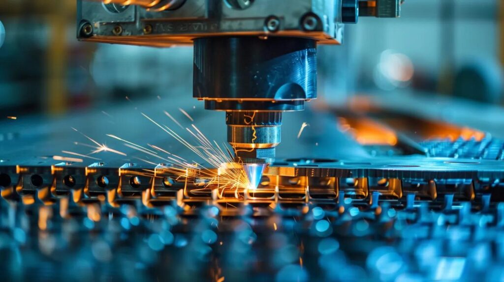 A detailed close-up of a precision laser cutting machine in a metal fabrication shop, working on a custom-designed steel bracket. Sharp focus on the blue laser and the glowing metal edges.