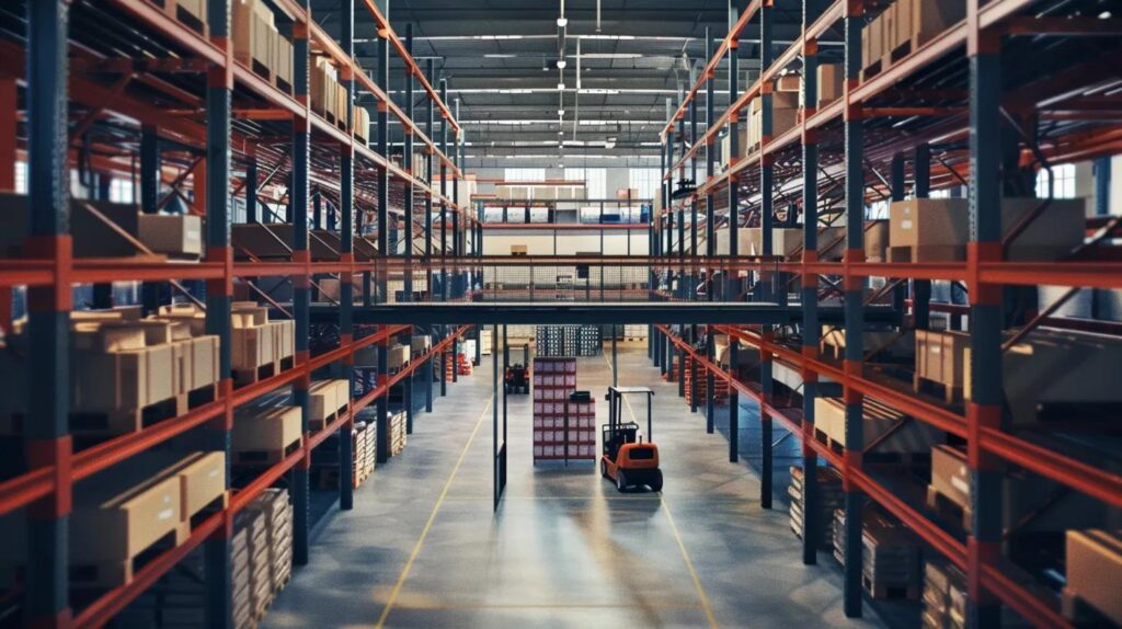 A wide-angle shot of a completed industrial mezzanine floor with heavy-duty shelving and an office space on top. Looking down at a busy warehouse floor with pallet jacks, showing the scale of the vertical space used.