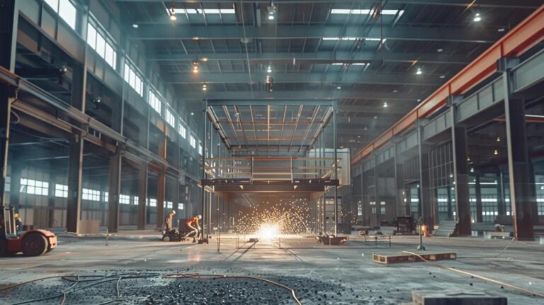 A realistic, high-resolution photo of a massive steel mezzanine floor under construction inside a modern Oklahoma City warehouse. Show professional welders in safety gear with sparks flying, clear structural steel beams, and high ceilings with industrial lighting. Cinematic lighting, 8k resolution.