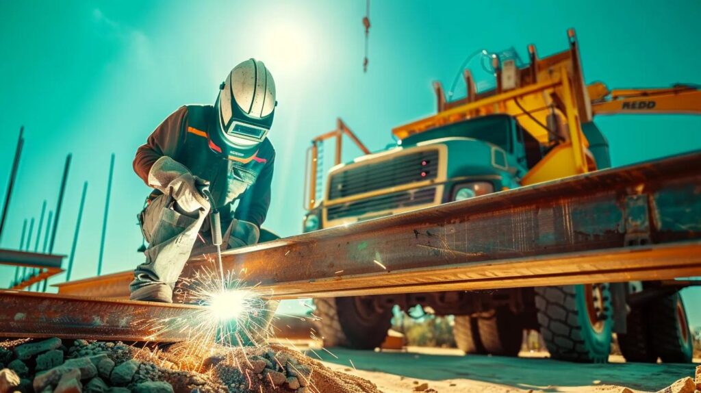 A realistic photo of a Redd Iron branded mobile welding truck parked at a sun-drenched Oklahoma construction site. A welder in full gear is performing on-site welding on a steel beam. Vibrant sparks, clear blue Oklahoma sky, professional cinematic look.