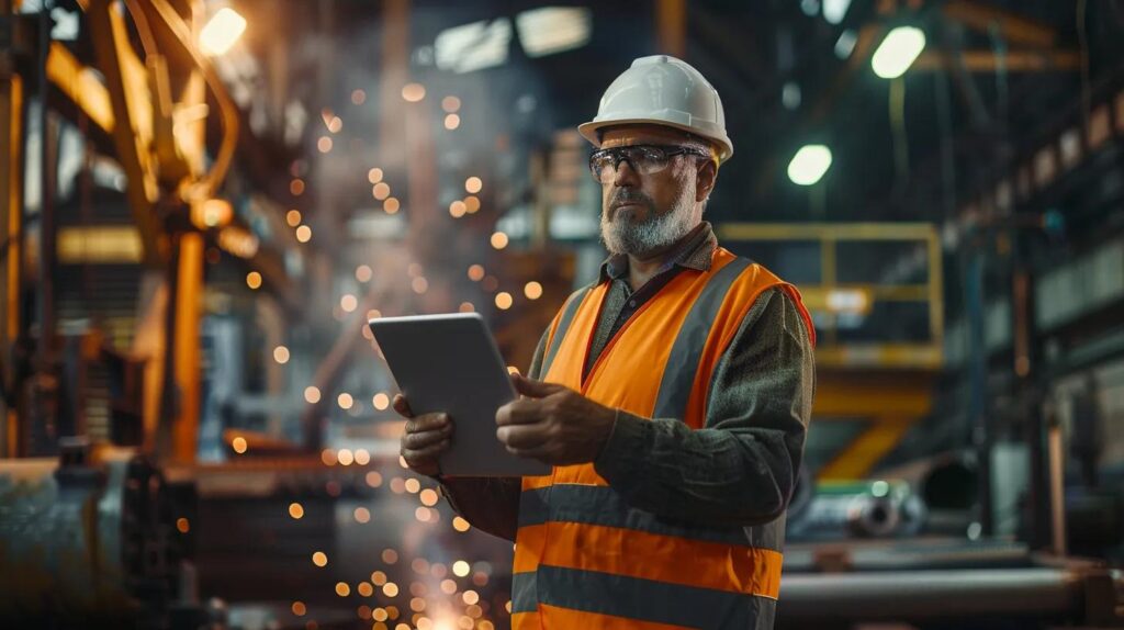 A portrait of a professional steel contractor in a hard hat and safety vest, holding a digital tablet with a 3D blueprint of a steel structure. Behind him is a busy Oklahoma City metal fabrication shop with sparks flying from a welding station.