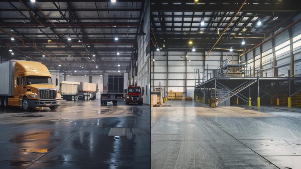 A split-screen style realistic image. On one side, a Moving Truck being loaded (stressful). On the other side, a professional team of steel contractors efficiently bolting a mezzanine floor into place in an existing facility (productive). Clear contrast, bright professional lighting.
