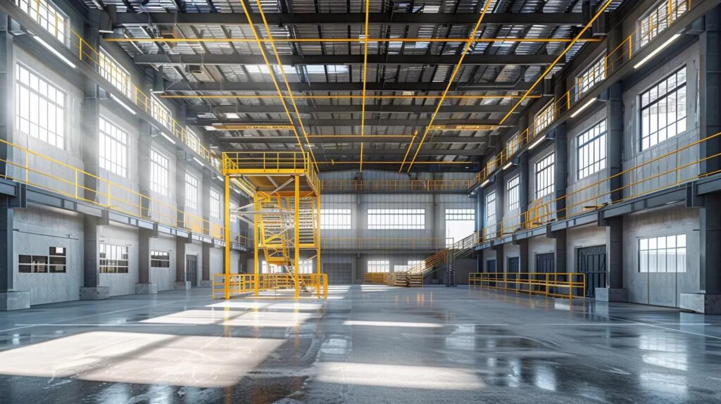 A wide-angle, realistic photo of a large, modern industrial warehouse in Oklahoma City. In the center, a newly constructed heavy-duty structural steel mezzanine floor is visible, featuring clean grey steel beams, safety yellow railings, and a steel staircase. Sunlight filters through high warehouse windows, highlighting the texture of the steel. Professional construction setting, high-resolution, 8k.