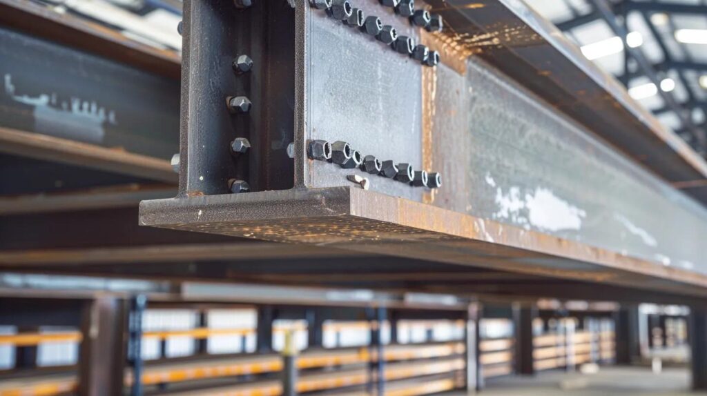 A close-up shot of a structural steel mezzanine platform showing the intersection of a massive I-beam and a support column. The welding joints are clean and professional. In the background, organized warehouse shelving is visible under the platform. Industrial lighting, realistic textures.