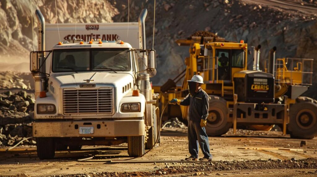 A professional white service truck with the Metal Contractors style logo parked at a remote job site. A technician is pulling a heavy-duty welding lead from the back of the truck to a large piece of yellow earth-moving equipment that needs repair. Natural daylight, realistic textures.