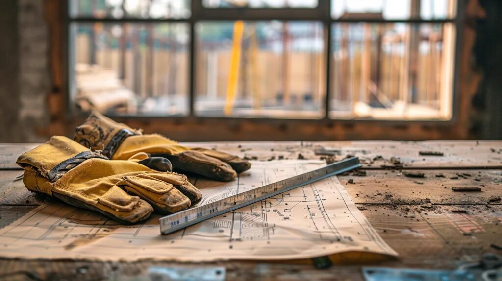 A close-up shot of a set of architectural blueprints lying on a weathered wooden table at a construction site. A pair of heavy-duty work gloves and a metal ruler sit next to the plans. Through the window in the background, a steel frame of a building is being erected.